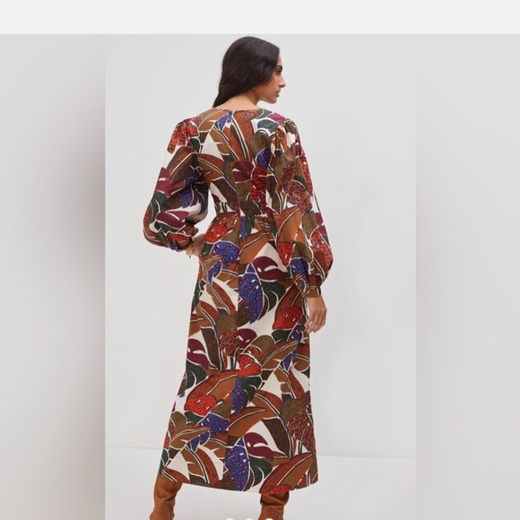 Farm Rio Colorful Leaves Long Sleeve Midi Dress Size 6 Boho Tropical Print - Picture 3 of 3